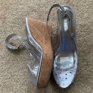 Stuart Weitzman Clear Jeweled Cork Wedge Sandals
